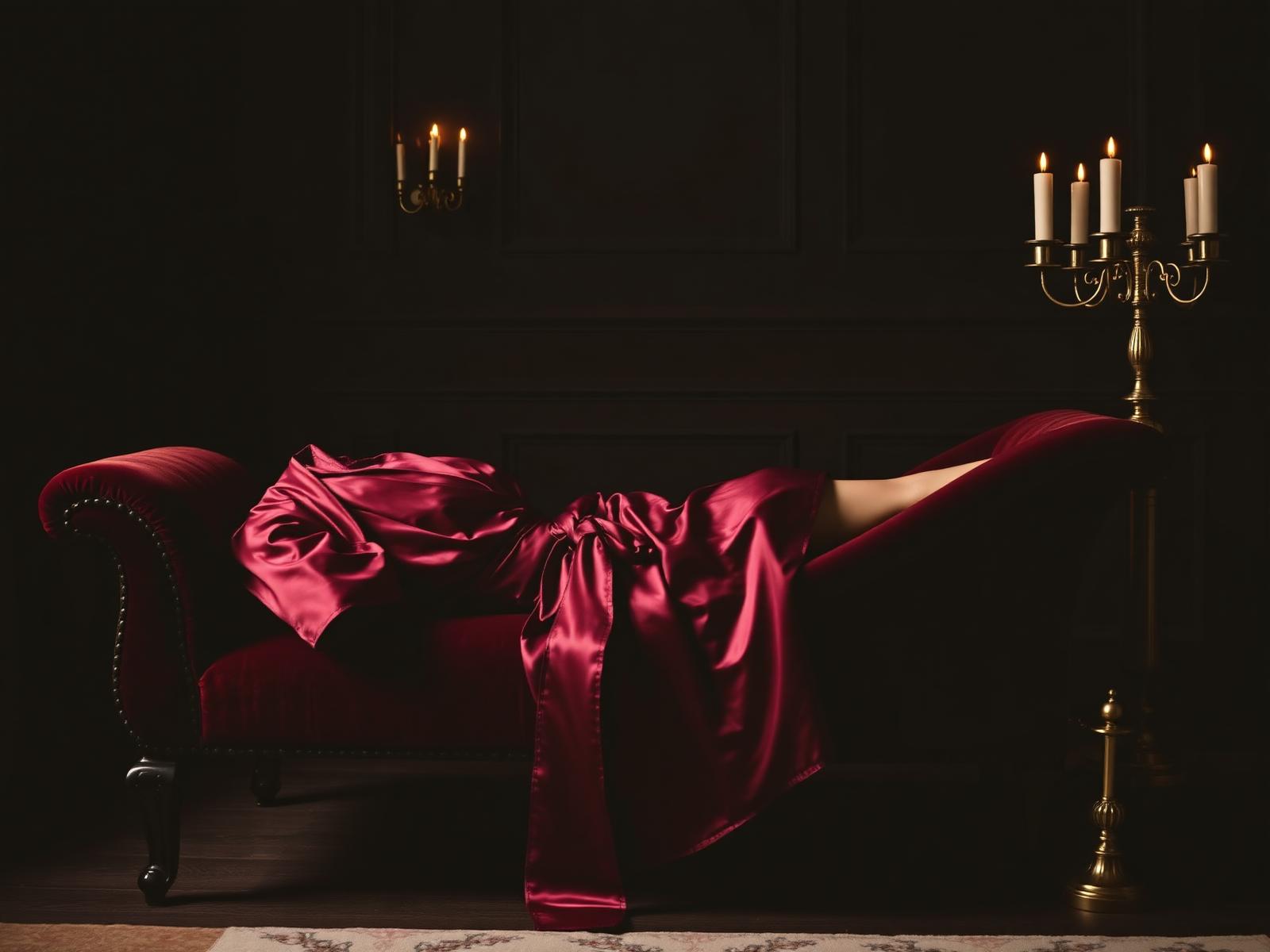 Burgundy silk robe draped over a velvet chaise in candlelight